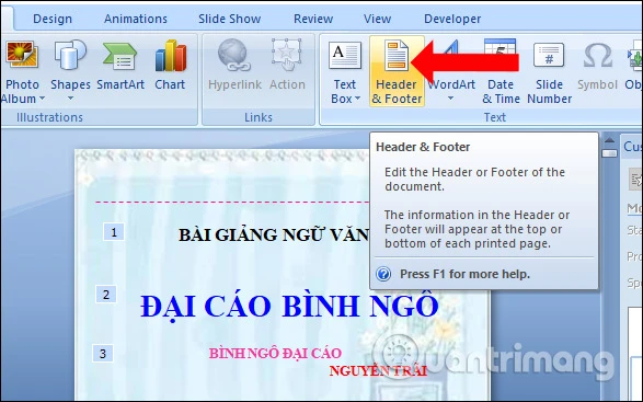 Hộp thoại Header & Footer