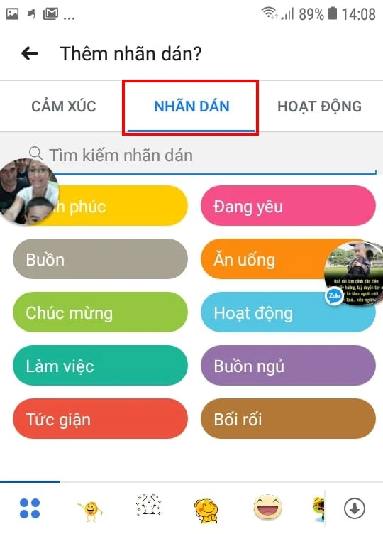 Chọn sticker để chèn vào trạng thái