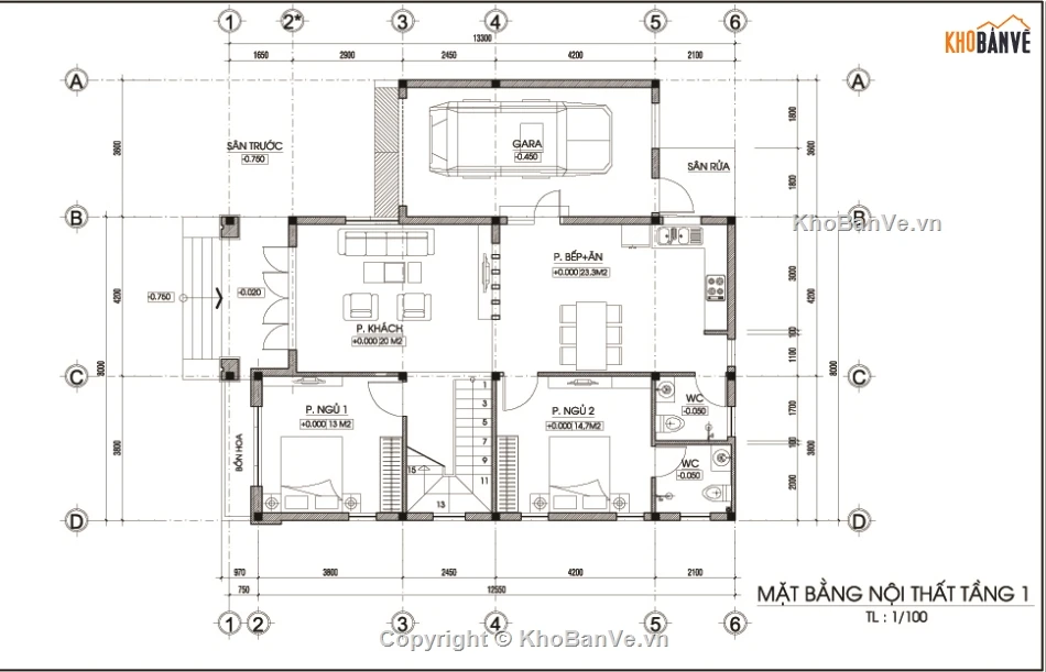 Bản vẽ nhà 2 tầng 8x12m