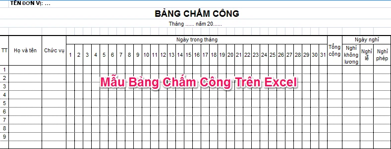 Bảng chấm công trong Excel