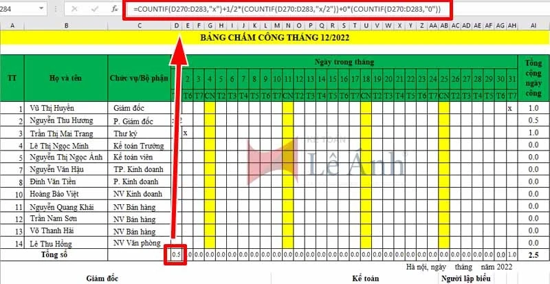 Bảng chấm công tự động trong Excel