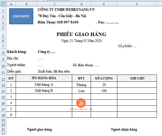 Mẫu phiếu giao hàng
