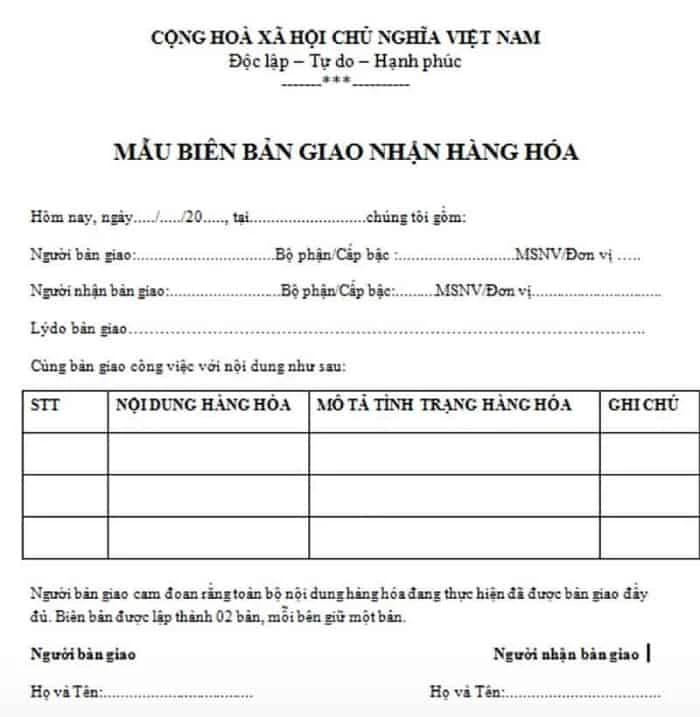 Mẫu phiếu giao nhận hàng hóa