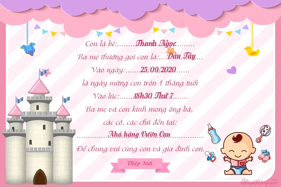 Thiệp Mời Đầy Tháng Bé Gái