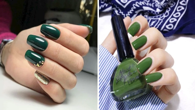 Nail màu xanh rêu nhạt với họa tiết