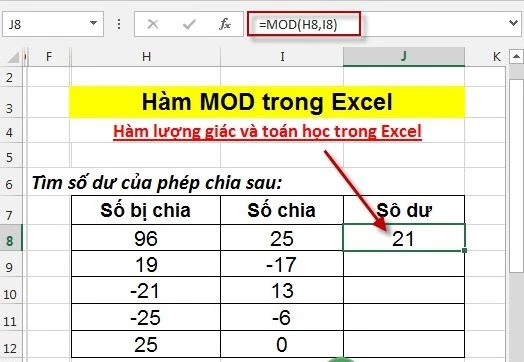 Hàm MOD trong Excel