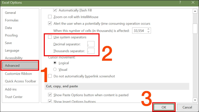 Cấu hình hệ thống Excel để tự động thêm dấu phẩy