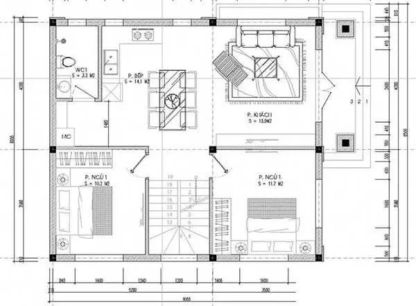 Bản vẽ thiết kế nhà vuông 2 tầng 8x10m