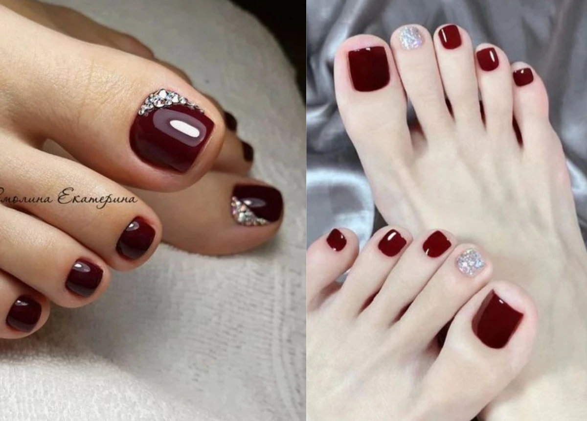 Mẫu móng chân màu đỏ rượu
