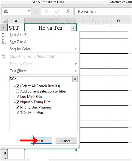 Tìm kiếm trong Excel