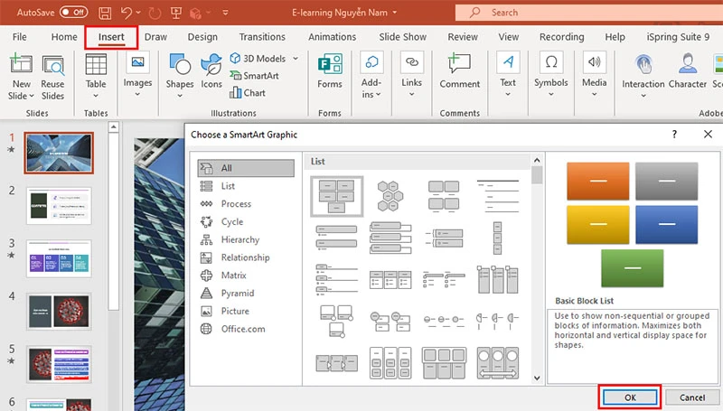 Chọn SmartArt trong PowerPoint