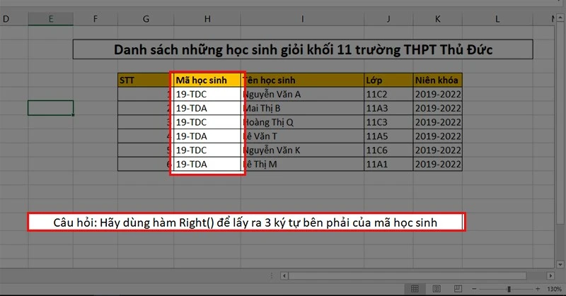 Hàm RIGHT trong Excel