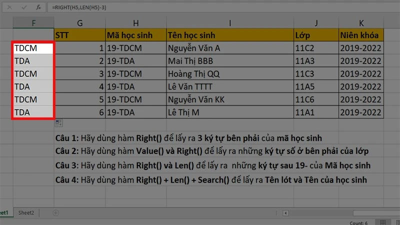 Hàm RIGHT trong Excel