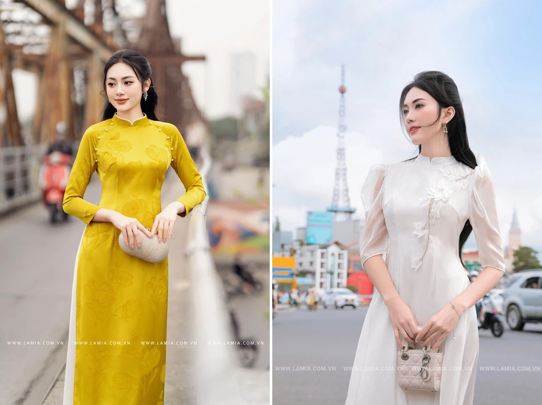 Tạo dáng chắp tay trước khi mặc áo dài
