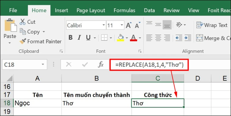 Ví dụ hàm REPLACE thay đổi ký tự trong chuỗi