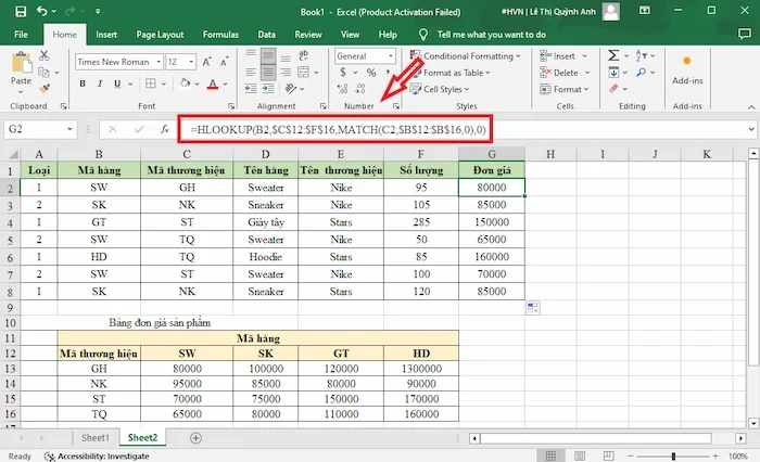 Hình ảnh minh họa sử dụng hàm HLOOKUP