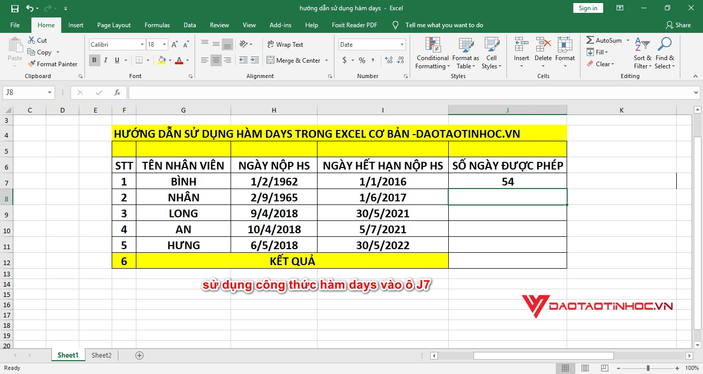 Kết quả sử dụng hàm DAYS