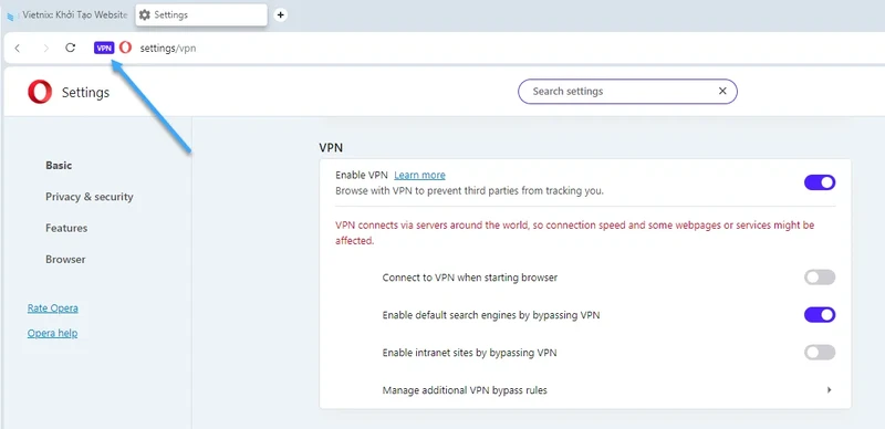Tùy chọn VPN trong cài đặt Opera