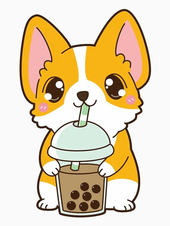 Chó cute chibi uống trà sữa