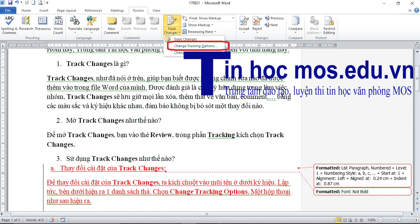 Kích hoạt tính năng theo dõi chỉnh sửa