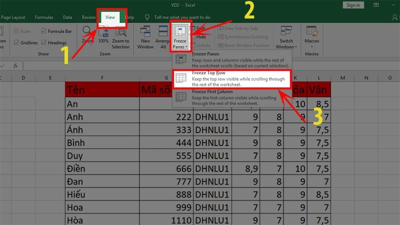 Cố định nhiều hàng và cột