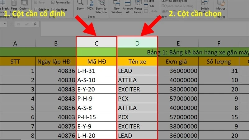 Cố định cột trong Excel