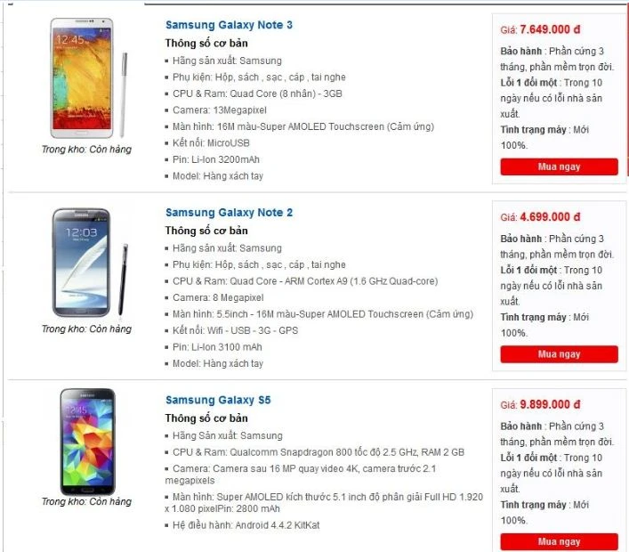 Bảng giá Samsung cũ