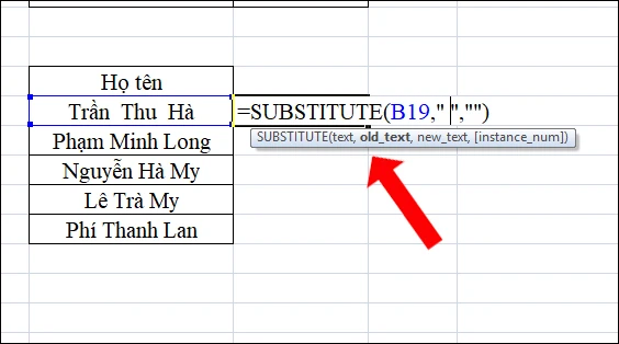 Minh họa loại bỏ khoảng trắng trong Excel