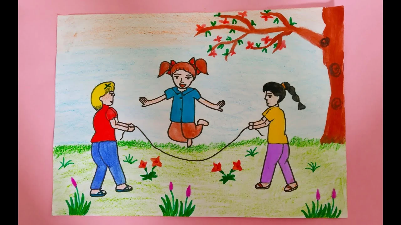Trẻ em nhảy dây trên bãi cỏ