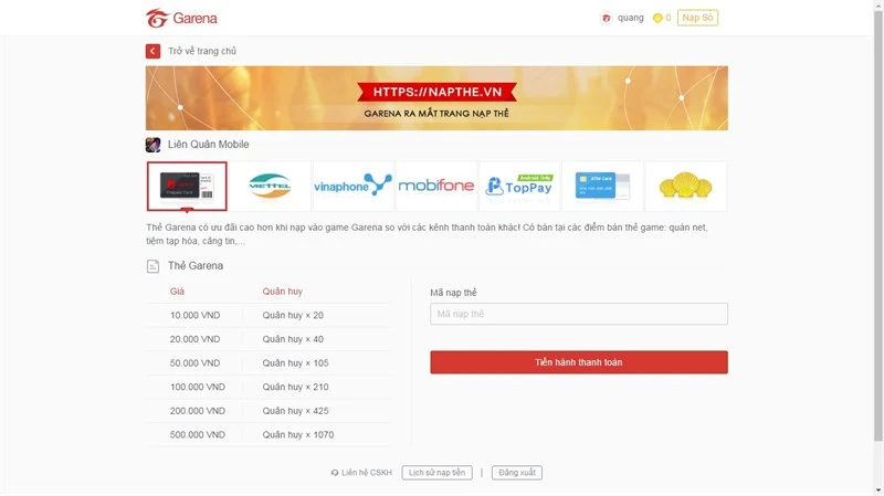Cách nạp tiền (Quân Huy) trong Liên Quân trên web, trong ứng dụng Garena