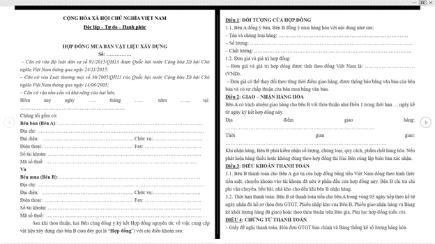 [Tải xuống] Mẫu hợp đồng mua bán vật liệu, vật tư xây dựng file docx