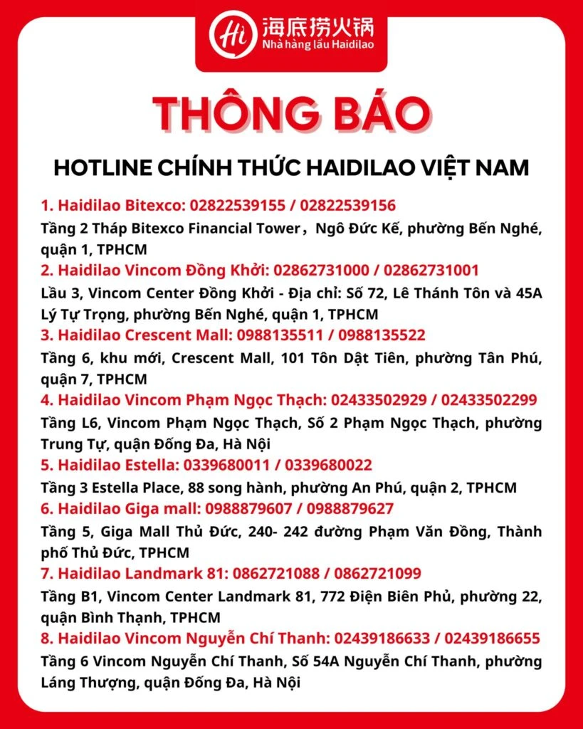 Haidilao | Địa Chỉ Hệ Thống Lẫu Haidilao Việt Nam Hot Pot